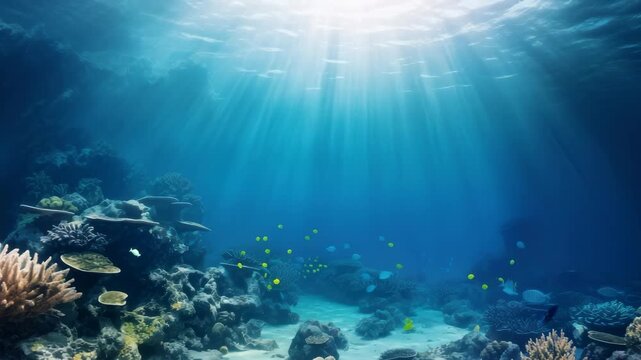 Underwater video scene with a wide-angle view of coral reefs and fish, bathed in sunlight rays filtering through the water, creating a serene ambiance. Live desktop wallpaper.