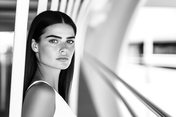 Portrait of a Beautiful Woman with Freckles Looking at the Camera in Black and White