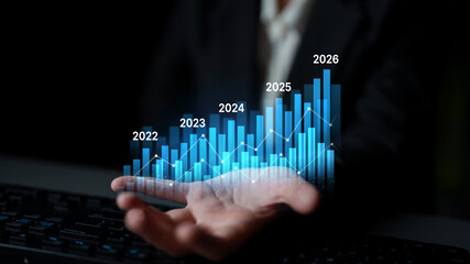 Business bar chart and line graph showing yearly business growth from 2022 to new year 2026,...