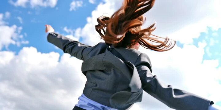 Businesswoman is walking a tightrope in the sky - highwire