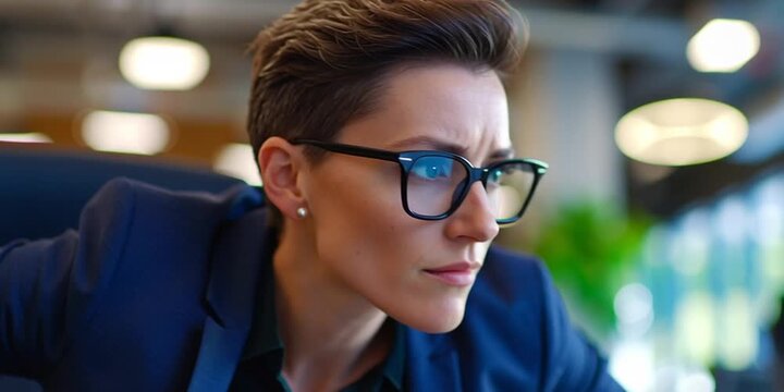 Non-binary person is working in a professional corporate office in business suit