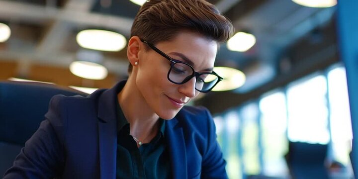 Non-binary person is working in a professional corporate office in business suit