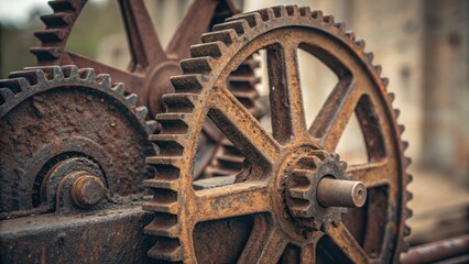 Close-up of weathered, rusty industrial gears interlocking, showcasing mechanical history and decay.