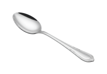 Highly polished silver metal spoon with ornate design and smooth reflective bowl, diagonally positioned on a stark white background with ample copy space, clean studio lighting, high-end product
