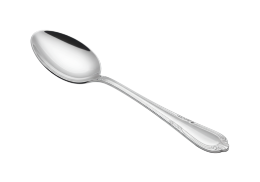 Highly polished silver metal spoon with ornate design and smooth reflective bowl, diagonally positioned on a stark white background with ample copy space, clean studio lighting, high-end product