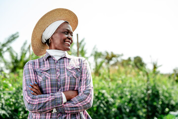 Smiling Farmer in Straw Hat in Lush Green Field