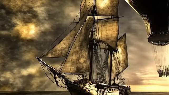 Nautical Twilight: A Brigantine's Journey Under Heavily Clouded Skies