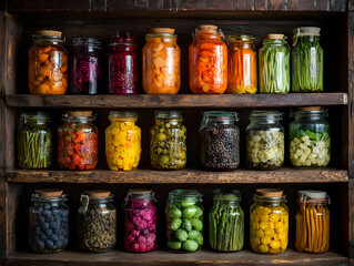 Food in supermarket, glass jars with canned vegetables and fruits. Preserves in glass jars. Neural network AI generated art