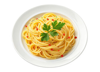 A plate of spaghetti pasta garnished with parsley and red peppercorns food italian