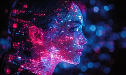 Abstract Portrait Of A Woman With Digital Data Overlay And Neon Lighting