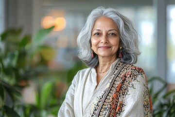 confident Indian woman in her 60s or 70s poses with a soft smile in a sleek office hallway. Excellent for multicultural workplace diversity, retirement planning, elder entrepreneurship