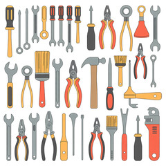 A collection of various hand tools arranged on a white background.