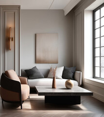 Aesthetic beautiful elegant  modern luxury interior design. Clear mock up empty wall for decoration in the apartment, painting frame. Copy space in the room.