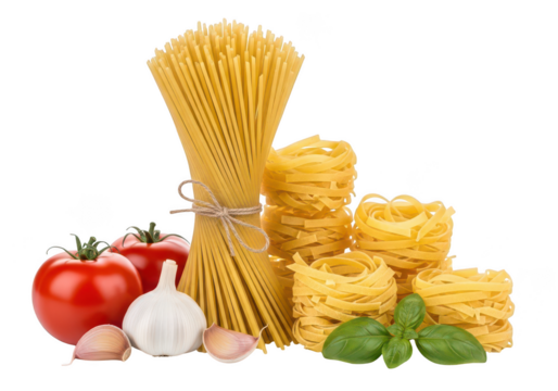 Assortment of uncooked pasta with tomatoes garlic and basil on spaghetti tagliatelle