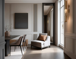 Aesthetic beautiful elegant  modern luxury interior design. Clear mock up empty wall for decoration in the apartment, painting frame. Copy space in the room.