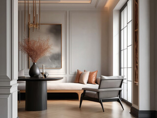 Aesthetic beautiful elegant  modern luxury interior design. Clear mock up empty wall for decoration in the apartment, painting frame. Copy space in the room.