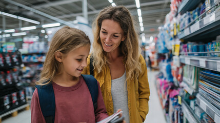 Mother and Child Back-to-School Shopping — Smiling Kid with Backpack Holding Supplies, Parent Looking On in Store Aisle with Stationery Products