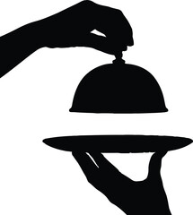 Elegant Food Presentation Reveal Silhouette Vector, Minimalist black silhouette vector illustration of hands lifting a cloche to reveal a plate.