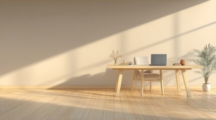 Simple wooden desk with laptop in a sunlit room.