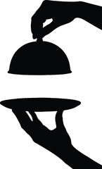 Elegant Food Presentation Reveal Silhouette Vector, Minimalist black silhouette vector illustration of hands lifting a cloche to reveal a plate.