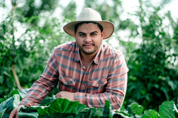 Young Latino Farmer in Field with Crops and Sun Hat