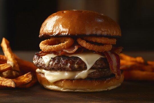 Delicious gourmet burger with bacon, onion rings and melted cheese, served with sweet potato fries - Powered by Adobe