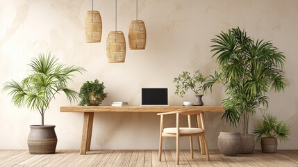 Wooden desk with potted plants and wicker pendant lights in a minimalist room.
