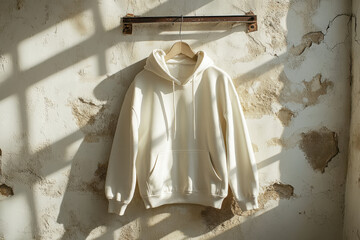 Minimal White Hoodie Hanging on Rustic Wall in Natural Light