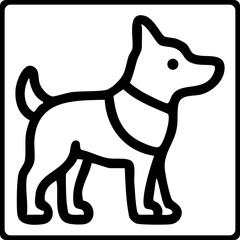 A flat vector icon of a guide dog wearing a harness, representing assistance for visually impaired individuals.