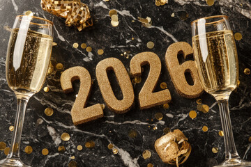 Elegant golden 2026 typography on black marble with champagne glasses and confetti
