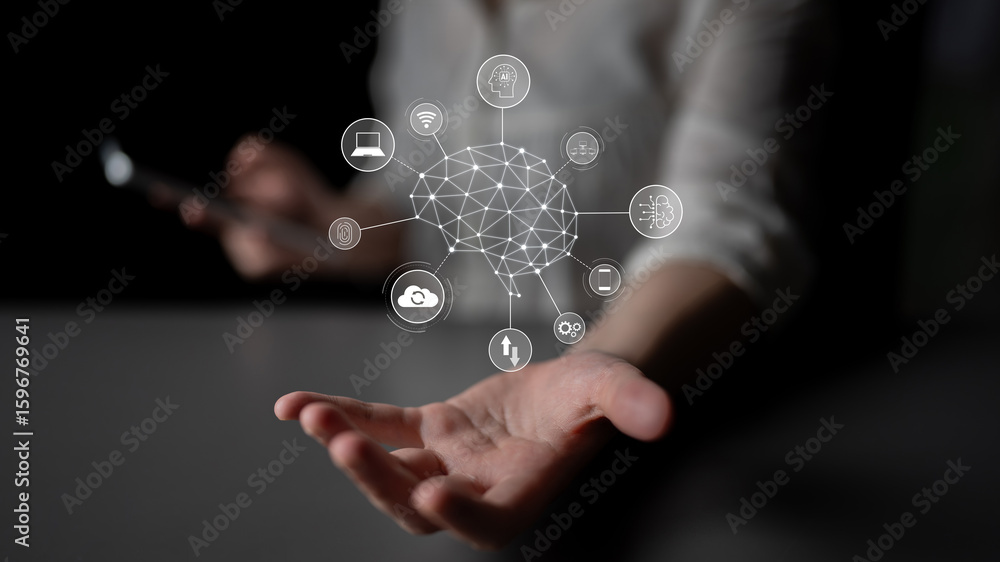 Poster a visual of artificial intelligence network connecting ai, network, and system across a structured d