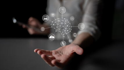 A visual of artificial intelligence network connecting AI, network, and system across a structured...