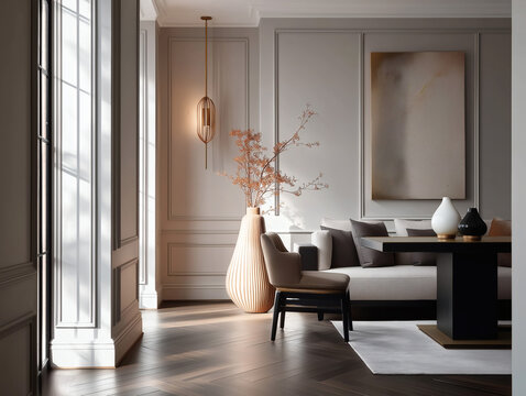 Fototapeta Aesthetic beautiful elegant  modern luxury interior design. Clear mock up empty wall for decoration in the apartment, painting frame. Copy space in the room.