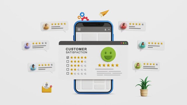 User rating, customer satisfaction online concept. Five star reviews, positive feedback, excellent user experience. Customer satisfaction rating interface on 3D smartphone. 4K 3D animation