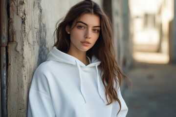 Stylish Young Woman in White Hoodie Leaning Against Wall Outdoors