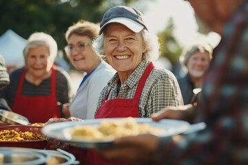 Happy senior volunteers wearing aprons and serving food on plates at an outdoor community event
