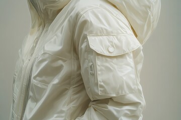 Close-Up of White Glossy Nylon Jacket with Zipper Pocket and Hood