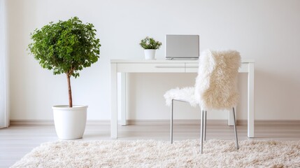 White room office setup with a potted plant and faux fur chair.