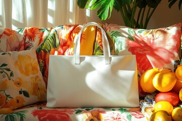 White Leather Shopper Bag on Floral Sofa with Citrus Fruits