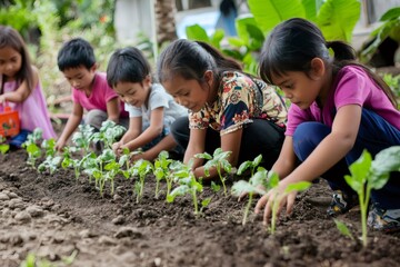 Elementary school students carefully planting seedlings in a school garden, learning about agriculture and environmental sustainability