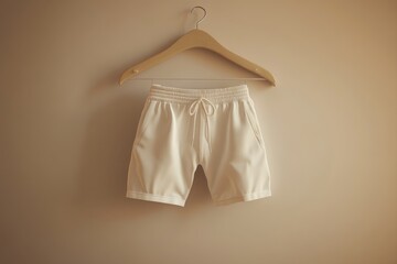 Clean and neutral lifestyle image of white drawstring shorts hanging neatly on a wooden hanger against a soft beige background. Ideal for sportswear branding, summer fashion mockups