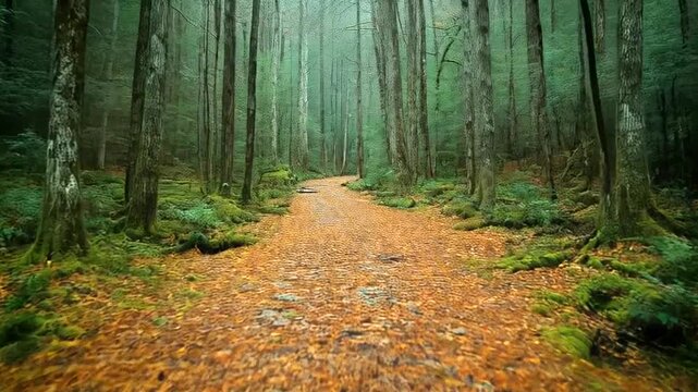 Serene forest path surrounded by tall trees and vibrant foliage, inviting exploration and tranquility