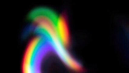 Blurred rainbow refraction overlay effect. Light lens prism effect on black background. Holographic reflection, crystal flare leak shadow overlay. Colorful rainbow disco ball light