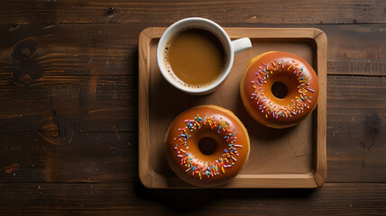Coffee and Two Glazed Donuts with Sprinkles on Wooden Tray