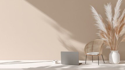 Neutral colored room with a wicker chair, pampas grass, and laptop.