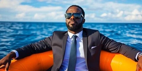 Black man businessman in professional suit sitting in a lifeboat in the middle of the ocean alone