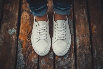 Stylish White Leather Sneakers on Wooden Floor with Rolled Jeans0Urban Fashion Streetwear Footwear Top View for Lifestyle and Apparel Branding