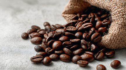 Rich dark roasted coffee beans spilling from burlap sack dark brown