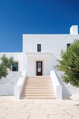 Exterior of White Stone House with Staircase and Green Trees Against Blue Sky