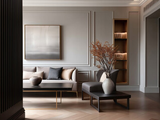 Aesthetic beautiful elegant  modern luxury interior design. Clear mock up empty wall for decoration in the apartment, painting frame. Copy space in the room.